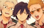  3boys bags_under_eyes black_hair blonde_hair blue_eyes boku_no_hero_academia collared_shirt eraser_head_(boku_no_hero_academia) looking_at_viewer loud_cloud multiple_boys necktie orange-tinted_eyewear present_mic red_necktie rnuyvm school_uniform shirt short_hair simple_background teeth tinted_eyewear u.a._school_uniform upper_teeth_only white-framed_eyewear white_background white_hair 