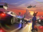  aircraft anthro askalin canid canine car city city_background disney duo electronic_arts female fox helicopter hi_res judy_hopps lagomorph leporid male male/female mammal need_for_speed nick_wilde police_car rabbit race_car raised_tail tail vehicle zootopia 