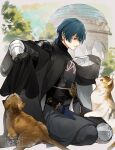  1boy absurdres animal armor black_armor black_cape black_gloves blue_hair byleth_(fire_emblem) byleth_(male)_(fire_emblem) cape cat commentary_request doku_gin1126 eye_contact fire_emblem fire_emblem:_three_houses gauntlets gloves hair_between_eyes highres knife looking_at_another male_focus purple_eyes sheath sheathed short_hair sitting sweatdrop 