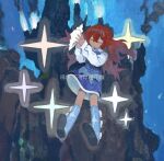  1girl blue_dress blue_footwear boots closed_eyes dress floating floating_hair holding holding_shell knee_boots long_hair long_sleeves no_nose original parted_lips red_hair seashell seasideiiii shell solo star_(symbol) translation_request underwater volcano watermark white_sleeves 
