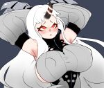  2023 big_breasts black_horn blush breasts clothed clothing female hair harbour_princess hi_res horn horned_humanoid huge_breasts humanoid kantai_collection long_hair looking_pleasured lurkin nipple_outline red_eyes simple_background solo white_hair 