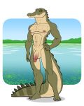  4:5 5_toes absurd_res anthro balls claws countershade_face countershade_neck countershade_tail countershade_torso countershading craig_mires crocodile crocodilian crocodylid feet flaccid genitals green_body green_eyes green_scales hand_on_hip hi_res looking_at_viewer male narrowed_eyes nude penis penny_prickles plantigrade reptile saltwater_crocodile scales scalie scutes sharp_teeth simple_background solo standing tail tan_body tan_scales teeth toes water white_background 