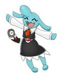  1_eye anthro black_clothing black_eyes blue_body bottomwear clothed clothing eyelashes eyes_closed female generation_3_pokemon happy hi_res necktie nintendo open_clothing open_mouth open_shirt open_topwear pokeball pokemon pokemon_(species) shirt simple_background skirt solo tail topwear urusee584 white_background wynaut 