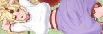  1girl :q arms_behind_head barefoot blonde_hair blush breasts bunsuirei closed_mouth commentary_request foot_out_of_frame highres horns hoshiguma_yuugi large_breasts long_hair looking_at_viewer medium_bangs midriff on_floor parted_bangs pointy_ears purple_skirt red_eyes red_horns shirt short_sleeves sideways single_horn skirt smile solo star_(symbol) t-shirt tatami tongue tongue_out touhou white_shirt 