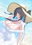  1girl beach black_choker black_hair blue_hair breasts brown_eyes choker cleavage collarbone colored_inner_hair dress hat highres huge_breasts long_hair multicolored_hair ocean original sleeveless sleeveless_dress solo straw_hat white_dress xiujia_yihuizi yellow_headwear 