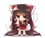  ... 1girl absurdly_long_hair absurdres ascot blunt_bangs bow brown_eyes brown_footwear brown_hair chibi detached_sleeves frilled_skirt frills full_body hair_bow hakurei_reimu highres loafers long_hair long_sleeves misosiru_0224 parted_lips red_bow red_skirt red_vest shoes simple_background skirt skirt_set sleeves_past_fingers sleeves_past_wrists socks solo spoken_ellipsis standing sweatdrop touhou very_long_hair vest white_background white_sleeves white_socks wide_sleeves yellow_ascot 