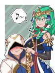  1boy 1girl blush braid byleth_(female)_(fire_emblem) byleth_(fire_emblem) faceless faceless_male fire_emblem fire_emblem:_three_houses fire_emblem_heroes green_hair hetero highres hood hood_up hooded_robe kiran_(fire_emblem) kiran_(male)_(fire_emblem) mnejing30 musical_note robe spoken_musical_note sweat teasing twin_braids 