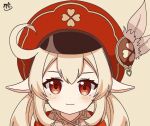  1girl :3 ahoge beret blonde_hair blush closed_mouth dot_nose genshin_impact hat hat_feather klee_(genshin_impact) looking_at_viewer pointy_ears portrait red_eyes red_headwear red_shirt scarf shirt sidelocks signature simple_background solo straight-on twintails yellow_scarf yukimoca 