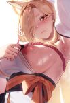  1girl absurdres armpits blonde_hair blue_archive blush breasts brown_eyes closed_mouth clothes_pull from_below hair_over_one_eye hairband halo highres japanese_clothes kaho_(blue_archive) large_breasts looking_at_viewer mole mole_under_mouth nipple_slip nipples padoruu presenting_armpit sideboob simple_background solo steaming_body upper_body white_background 