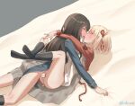  2girls absurdres black_hair black_socks blonde_hair blush censored character_censor closed_eyes couple french_kiss full-face_blush futa_with_female futanari highres hug inoue_takina kiss linhcoris long_hair lycoris_recoil lycoris_uniform multiple_girls nishikigi_chisato no no_shoes novelty_censor official_art panties sex short_hair socks tongue underwear vaginal 