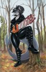  absurd_res anthro badass_woman blood bodily_fluids bodysuit breasts catsuit_(disambiguation) chainsaw clothing draw_emy female fish goth hi_res latex marine power_tool rubber rubber_clothing rubber_suit shark skinsuit solo tight_clothing tools 