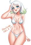  1girl absurdres ahoge alternate_breast_size bikini blue_eyes breasts cowboy_shot dated gradient_hair green_hair hand_on_own_head highres kantai_collection katou_shinobu medium_breasts multicolored_hair natsugumo_(kancolle) one-hour_drawing_challenge short_hair simple_background solo standing swimsuit thigh_gap twitter_username white_background white_bikini white_hair 