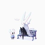  ... 2others artist_name bench cape dubu_(eovlfh) grey_cape hollow_eyes hollow_knight hollow_knight_(character) horns knight_(hollow_knight) mask multiple_others nail_(hollow_knight) simple_background sitting speech_bubble spoken_ellipsis white_background 