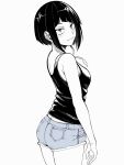  1girl audio_jack blue_eyes blue_shorts blunt_bangs blush boku_no_hero_academia breasts closed_mouth denim denim_shorts highres jirou_kyouka kobaji long_earlobes looking_at_viewer medium_breasts monochrome short_hair short_shorts shorts sidelocks simple_background smile solo spot_color standing tank_top 