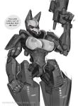  2023 adam_smasher_(cyberpunk) alternate_species anthro breasts canid canine colored_sketch crossgender cyberpunk_2077 dialogue english_text female front_view gun hi_res holding_gun holding_object holding_weapon johnfoxart machine mammal metallic_body mtf_crossgender nipples nude portrait ranged_weapon red_eyes robot sketch solo text three-quarter_portrait weapon 