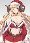  1girl absurdres anila_(granblue_fantasy) bell blonde_hair blunt_bangs breasts cleavage closed_mouth crop_top curled_horns detached_sleeves draph fur-trimmed_headwear fur-trimmed_sleeves fur_trim ge-b granblue_fantasy hand_up hat heart highleg highleg_panties highres horns huge_breasts long_hair looking_at_viewer midriff mole mole_on_breast navel neck_bell panties red_headwear red_skirt santa_costume santa_hat sheep_horns short_eyebrows simple_background skirt thick_eyebrows underwear very_long_hair wide_sleeves yellow_eyes 