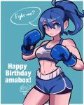  1girl amazu_(kurozu) bare_shoulders blue_background blue_eyes blue_hair blue_shorts boxing_gloves breasts cleavage closed_mouth collarbone commentary english_commentary english_text happy_birthday looking_at_viewer medium_breasts original ponytail short_shorts shorts solo sweat two-tone_background white_background 