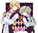  2boys 2girls argyle argyle_background ascot black_bow black_ribbon black_vest blonde_hair bow bowtie crossed_arms gem green_gemstone hair_bow hair_ornament hair_ribbon hairclip kamishiro_rui kusanagi_nene looking_at_another multiple_boys multiple_girls okochama_sensou_(vocaloid) ootori_emu open_clothes open_vest pink_hair ponytail project_sekai purple_hair ribbon ryoung476 shirt tenma_tsukasa vest white_ascot white_bow white_bowtie white_shirt wonderlands_x_showtime_(project_sekai) yellow_eyes yellow_gemstone 