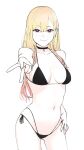  1girl ass_visible_through_thighs bare_shoulders bikini black_bikini black_choker blonde_hair breasts choker cleavage closed_mouth collarbone commentary_request cowboy_shot hair_between_eyes hand_on_own_hip highres kitagawa_marin light_blush long_hair looking_at_viewer medium_breasts navel outstretched_hand pale_skin red_eyes side-tie_bikini_bottom smile solo sono_bisque_doll_wa_koi_wo_suru stomach string_bikini swimsuit tantanmen72 thigh_gap v white_background 