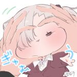  1girl 1other black_scrunchie blush brown_cardigan cardigan chibi closed_eyes facing_viewer grey_hair hair_ornament hair_over_one_eye hair_scrunchie ishikawa_luna long_sleeves motion_lines nikki_kyousuke original parted_lips puffy_long_sleeves puffy_sleeves scrunchie side_ponytail signature simple_background snoot_challenge white_background 