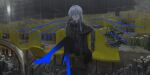  1girl black_gloves black_jacket black_necktie black_pants black_vest blue_eyes blue_wings chihuri closed_mouth collared_shirt commentary_request crossed_legs ende_(chihuri) flower gloves grey_hair grey_shirt hair_between_eyes hand_up highres jacket long_hair long_sleeves looking_at_viewer necktie on_chair open_clothes open_jacket original pants rain shirt sitting smile solo vest white_flower wings 