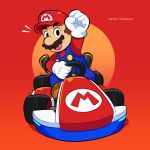  1boy artist_name blue_overalls boots brown_footwear brown_hair car clenched_hand denim driving facial_hair gloves go-kart grin hand_up hat highres long_sleeves looking_at_viewer mario mario_(series) mario_kart mario_kart_8 motor_vehicle mustache open_mouth overalls race_vehicle racecar red_background red_headwear red_shirt riding shirt shoes short_hair simple_background sitting smile solo vinny_(dingitydingus) white_gloves 