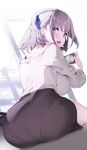  1girl ass back blush breasts brown_skirt green_eyes grey_hair hololive large_breasts long_sleeves looking_at_viewer looking_back off-shoulder_sweater off_shoulder pantylines pencil_skirt shirogane_noel sitting skirt smile solo sweater virtual_youtuber white_sweater yaguo 