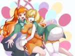  2girls :d animal_ears blonde_hair blush cape carrot_(one_piece) carrot_(one_piece)_(cosplay) closed_eyes commentary cosplay crazy_otama dress eyelashes furry furry_female gloves green_cape hair_ornament happy highres long_hair looking_at_another multiple_girls nami_(one_piece) one_piece open_mouth orange_dress orange_eyes orange_hair rabbit rabbit_ears rabbit_hair_ornament rabbit_tail short_hair smile symbol-only_commentary tail wavy_hair 