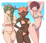  3girls bikini blonde_hair blush borrowed_character braid breasts brown_eyes closed_mouth commission dark-skinned_female dark_elf dark_skin earrings elf gold_bikini grey_hair hand_on_own_hip highres hoop_earrings horns jewelry long_hair medium_breasts mole mole_under_eye mole_under_mouth multicolored_hair multiple_girls navel open_mouth original pink_hair pointy_ears purple_eyes short_hair silver_bikini single_braid smile swimsuit very_dark_skin vibrantrida 