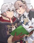  1boy 1girl black_gloves black_hairband black_robe blush book brown_eyes brown_gloves commentary_request corrin_(female)_(fire_emblem) corrin_(fire_emblem) fire_emblem fire_emblem_awakening fire_emblem_fates gloves grey_hair hair_between_eyes hairband heart highres holding holding_book hood hood_down hooded_robe juliet_sleeves kiriya_(552260) long_hair long_sleeves looking_at_another open_mouth pointy_ears puffy_sleeves red_eyes robe robin_(fire_emblem) robin_(male)_(fire_emblem) shirt short_hair smile sweatdrop twitter_username white_shirt 
