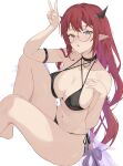  1girl arm_up bare_shoulders bikini black_bikini black_choker blue_eyes breasts choker chyraliss cleavage commentary glasses halo heart heart-shaped_pupils heterochromia highres hololive hololive_english horns irys_(hololive) knees_up large_breasts long_hair multicolored_hair navel open_mouth pointy_ears purple_eyes purple_hair red_hair round_eyewear sitting solo star_halo stomach swimsuit symbol-shaped_pupils two-tone_hair v very_long_hair virtual_youtuber 