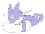  a_midnight_cat anthro bandai_namco blue_eyes digimon digimon_(species) gumdramon hammer_tail hi_res lying male on_front pillow purple_body scalie solo waking_up weapon_tail 