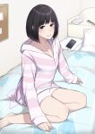  1girl absurdres barefoot black_hair blush brown_eyes cellphone chagataaa glasses grin highres hood hooded_jacket jacket looking_at_viewer on_bed original phone pillow short_hair shorts sitting smartphone smile solo unworn_eyewear yokozuwari 