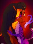  anthro arm_tuft black_body black_fur black_horn black_nose canid canine canis chest_tuft closed_smile domestic_dog duo elbow_tuft featureless_crotch felid fur gloves_(marking) gradient_background hair head_kiss hi_res horn kissing lionfloof long_hair male mammal markings mouth_closed nude orange_body orange_fur pantherine purple_body purple_fur red_eyes red_hair side_view signature simple_background size_difference standing striped_arms striped_markings striped_tail stripes tail tail_markings tiger tuft 