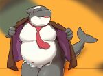  anthro belly black_and_white_body blush cetacean clothed clothing dolphin featureless_crotch flashing jacket male mammal marine moobs navel necktie oceanic_dolphin orca overweight partially_clothed shachi_ojisan shachi_ojisan_(character) solo toothed_whale topwear vtuber 