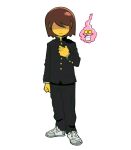  1other black_pants brown_hair closed_mouth commentary cosplay deltarune ekubo_(mob_psycho_100) english_commentary full_body gakuran grey_footwear highres kageyama_shigeo kageyama_shigeo_(cosplay) kris_(deltarune) long_sleeves mob_psycho_100 nicuoi no_eyes pants school_uniform shoes short_hair simple_background sneakers spamton_g._spamton spirit standing white_background 
