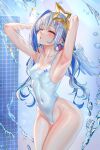  1girl absurdres alternate_costume amane_kanata armpits arms_up blue_hair blurry blurry_background blush breasts closed_eyes collarbone colored_inner_hair covered_navel cowboy_shot grey_hair hair_ornament halo highleg highleg_swimsuit highres hololive jagoo multicolored_hair one-piece_swimsuit open_mouth parted_bangs pink_hair showering sidelocks single_hair_intake small_breasts solo star_halo streaked_hair swimsuit thighs virtual_youtuber water wet white_one-piece_swimsuit 