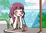 1girl alcohol bendy_straw black_bow blush bocchi_the_rock! bow braid breasts carton cleavage closed_eyes commentary dress drinking_straw drinking_straw_in_mouth green_dress hair_bow hands_on_own_face hiroi_kikuri long_hair low-braided_long_hair ocean off_shoulder palm_tree purple_hair single_braid solo symbol-only_commentary torako_(toramaru) tree 