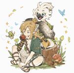  2boys :t apple archaic_set_(zelda) black_gloves blonde_hair blue_eyes body_markings bug butterfly closed_mouth collarbone commentary eating english_commentary flower food food_on_face fruit gloves grass green_flower green_tunic hair_between_eyes hand_up highres holding holding_food korok leaf link long_hair luminous_slime male_focus multiple_boys mushroom open_mouth parted_bangs petals plant pointy_ears rito sandals short_sleeves sidelocks simple_background single_glove sitting sitting_on_tree_stump smile sparkle talons the_legend_of_zelda the_legend_of_zelda:_tears_of_the_kingdom toga tree_stump tulin_(zelda) tunic updo white_background wings yellow_flower 