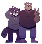  2023 absurd_res anthro bear belly big_belly bottomwear clothing duo embrace eyewear glasses hi_res hoodie hug male mammal overweight overweight_male pants procyonid raccoon shirt simple_background t0l0k topwear 