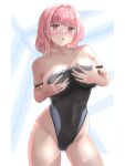  1girl absurdres black_one-piece_swimsuit breast_hold breasts brown_eyes cleavage clothes_pull commentary_request competition_swimsuit contrapposto covered_navel highleg highleg_swimsuit highres large_breasts looking_at_viewer mashinatsu one-piece_swimsuit one-piece_swimsuit_pull original pink_eyes short_hair solo standing swimsuit two-tone_swimsuit 