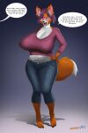  2023 absurd_res age_stated anthro artist_name barefoot belly big_breasts black_nose blue_eyes bottomwear breasts brown_body brown_fur canid canine cheek_tuft cleavage clothed clothing denim denim_clothing dialogue ear_piercing ear_ring english_text eyebrows eyewear facial_tuft fangs feet female fennecart fox fully_clothed fur glasses hair hand_on_hip hi_res huge_breasts inner_ear_fluff jeans lipstick looking_at_viewer makeup mammal mature_female midriff multicolored_body multicolored_fur offscreen_character open_mouth pants piercing purple_hair ring_piercing shirt short_hair slightly_chubby solo speech_bubble teeth text topwear tuft two_tone_body two_tone_fur white_body white_fur wrinkles 