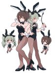  2girls anchovy_(girls_und_panzer) animal_ears black_bow black_bowtie black_footwear black_leotard blush bow bowtie breasts brown_eyes brown_hair cleavage closed_mouth drill_hair fake_animal_ears fishnet_pantyhose fishnets girls_und_panzer green_hair hair_bow hairband hand_on_own_hip high_heels highres holding_riding_crop large_breasts leotard locked_arms long_hair multiple_girls nishizumi_maho pantyhose playboy_bunny rabbit_ears ri_(qrcode) short_hair simple_background smile twin_drills white_background wrist_cuffs 