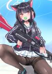  1girl absurdres animal_ears black_choker black_hair black_jacket black_pantyhose blue_archive cat_ears choker colored_inner_hair extra_ears food green_sailor_collar gun highres holding holding_gun holding_weapon hood hood_down hooded_jacket jacket kazusa_(blue_archive) long_sleeves looking_at_viewer macaron matudo_yuu mouth_hold multicolored_hair panties panties_under_pantyhose pantyhose pink_hair pleated_skirt red_eyes sailor_collar short_hair skirt solo thighband_pantyhose underwear weapon white_skirt 