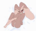  1girl :3 animal_ears animal_feet animal_nose barefoot bed_sheet black_sclera blush body_fur brown_fur closed_mouth clothed_pokemon colored_sclera commentary flat_chest from_above full_body furry furry_female highres kiki_(kiki1041101) legs looking_at_viewer lopunny lying on_side panties pointy_ears pokemon pokemon_(creature) rabbit_ears rabbit_girl rabbit_tail red_eyes simple_background solo tail thighs topless two-tone_fur underwear underwear_only white_background white_panties 