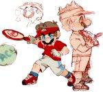  1boy ball big_nose blue_eyes blue_socks blue_stripes brown_hair clenched_hand collar collared_shirt cutie-png english_commentary facial_hair flying_sweatdrops from_side gloves holding_tennis_racket letter looking_at_object mario mario_(series) mario_tennis_aces midriff_peek mustache nintendo official_alternate_costume racket red_footwear red_headwear red_shirt shirt shoes short_hair shorts sketch smile sneakers socks star_(symbol) sweat t-shirt tennis tennis_ball tennis_racket v-shaped_eyebrows visor_cap white_collar white_gloves white_shorts 