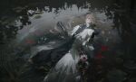  1boy black_gloves black_ribbon blonde_hair bloodborne bloodytongue666 blue_eyes blue_gloves flower gem gloves highres jewelry laurence_the_first_vicar leaf long_hair lying male_focus neck_ribbon necklace on_back partially_submerged ribbon robe solo water white_robe 