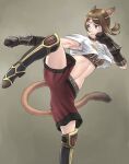  1girl animal_ear_fluff animal_ears avatar_(ff11) black_choker black_gloves blue_eyes brown_hair brown_tail cactus41747280 cat_ears cat_girl cat_tail choker circlet clenched_hands closed_mouth final_fantasy final_fantasy_xi frown gloves highres leg_up midriff mithra_(ff11) navel no_eyebrows parted_bangs red_shorts shirt short_hair short_sleeves shorts solo standing standing_on_one_leg tail white_shirt 