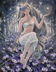  1girl bandeau bare_shoulders barefoot black_eyes breasts commentary_request earrings flower forest full_body grey_hair hand_up highres jewelry long_hair nature oil_painting_(medium) original painting_(medium) purple_flower ringodrawing skirt small_breasts solo star_(symbol) traditional_media very_long_hair white_bandeau white_flower white_skirt 