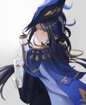  1girl blue_cape blue_headwear cape clorinde_(genshin_impact) closed_mouth epaulettes feathers genshin_impact gloves gun hat hat_feather highres holding holding_gun holding_weapon kyes long_hair looking_at_viewer purple_eyes shoulder_cape simple_background solo tricorne upper_body v-shaped_eyebrows weapon white_background white_gloves 